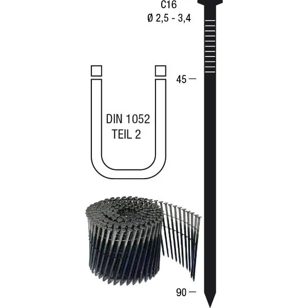 Nejprodávanější Pás hřebíků C16 3,1 x 90 mm HGA pozinkovaný vázaný drátem 16 stupňů