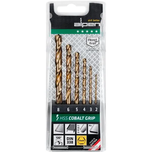 ALPEN sada spirálových vrtáků v kazetě DIN338RN HSS Co5 GRIP TM6 ø 2.0-8.0 mm Rychlé Dodání