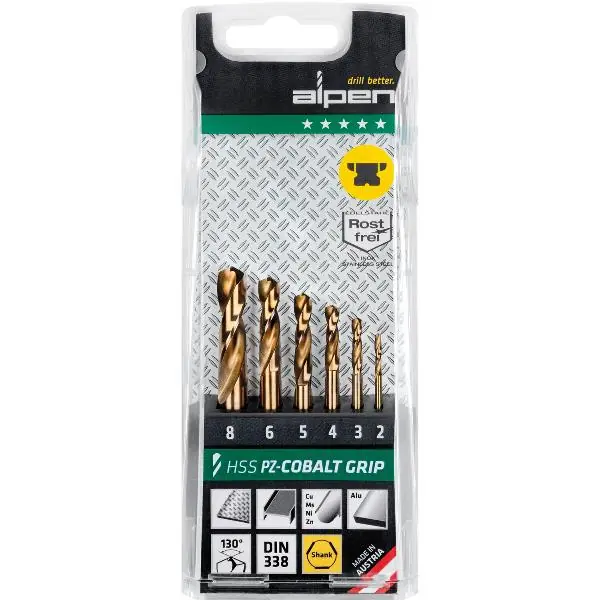 Jen Po Omezenou Doba ALPEN sada spirálových vrtáků v kazetě DIN 1897 PZ HSS Co5 GRIP TM6 ø 2.0-8.0 mm