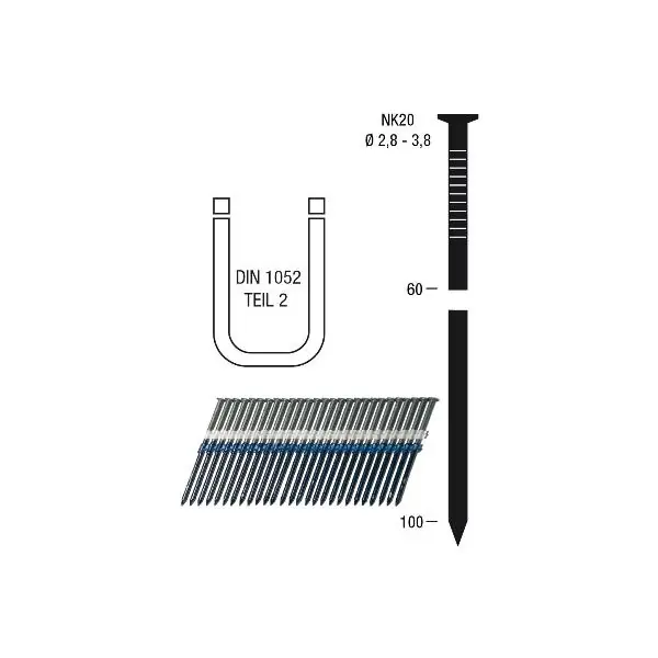 Pás hřebíků NK20 2,9 x 60 mm HBK čistý prysk. potah, pojeno plastem, 20 stupňů Originální