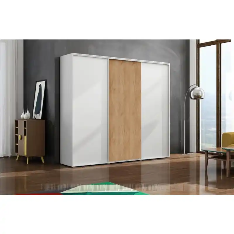 Autentický Třídveřová šatní skříň 250 cm LEO - bílá / dub craft zlatý