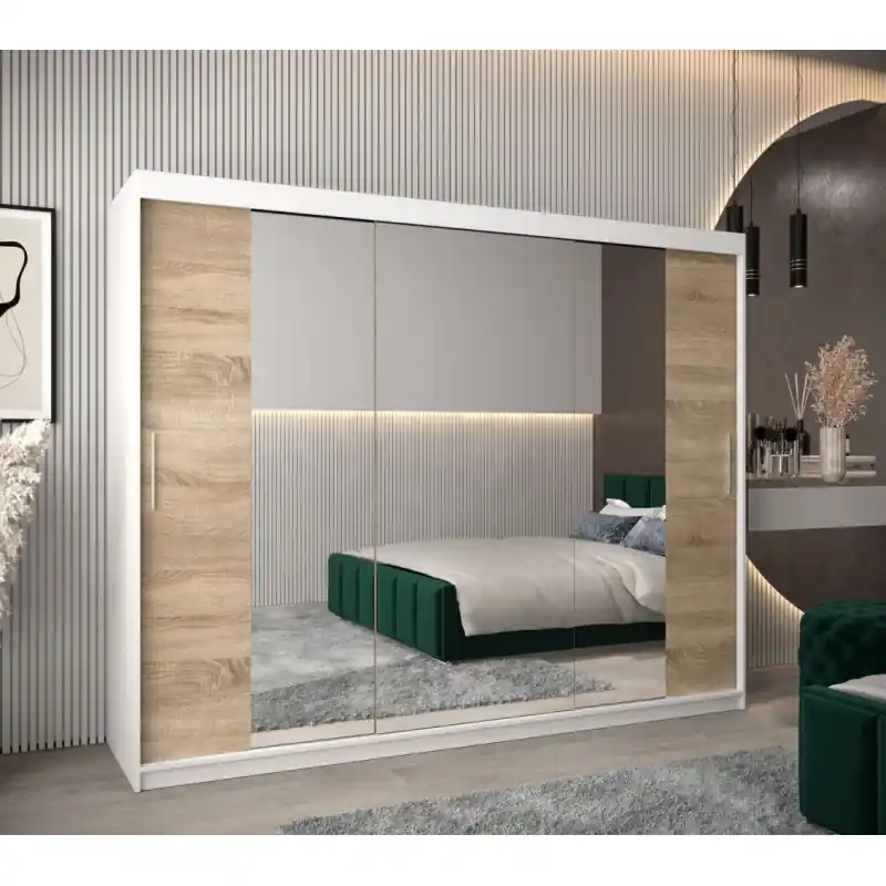 Skříň s posuvnými dveřmi v šířce 250 cm TIMEA 2 - bílá / dub sonoma Cenově Výhodný