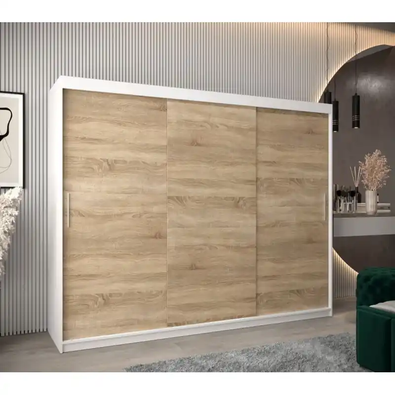 Skříň s posuvnými dveřmi v šířce 250 cm TIMEA - bílá / dub sonoma Dokud Zásoby Vydrží