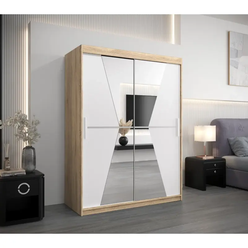 Akce Šatní skříň se zrcadly MILANA - šířka 150 cm, dub sonoma / bílá