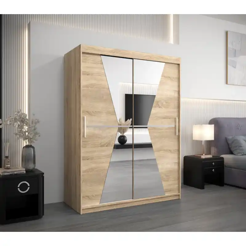 Vysoce Kvalitní Šatní skříň se zrcadly MILANA - šířka 150 cm, dub sonoma