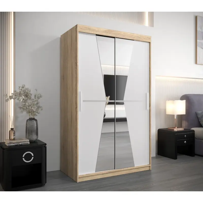 Šatní skříň se zrcadly MILANA - šířka 120 cm, dub sonoma / bílá Sleva