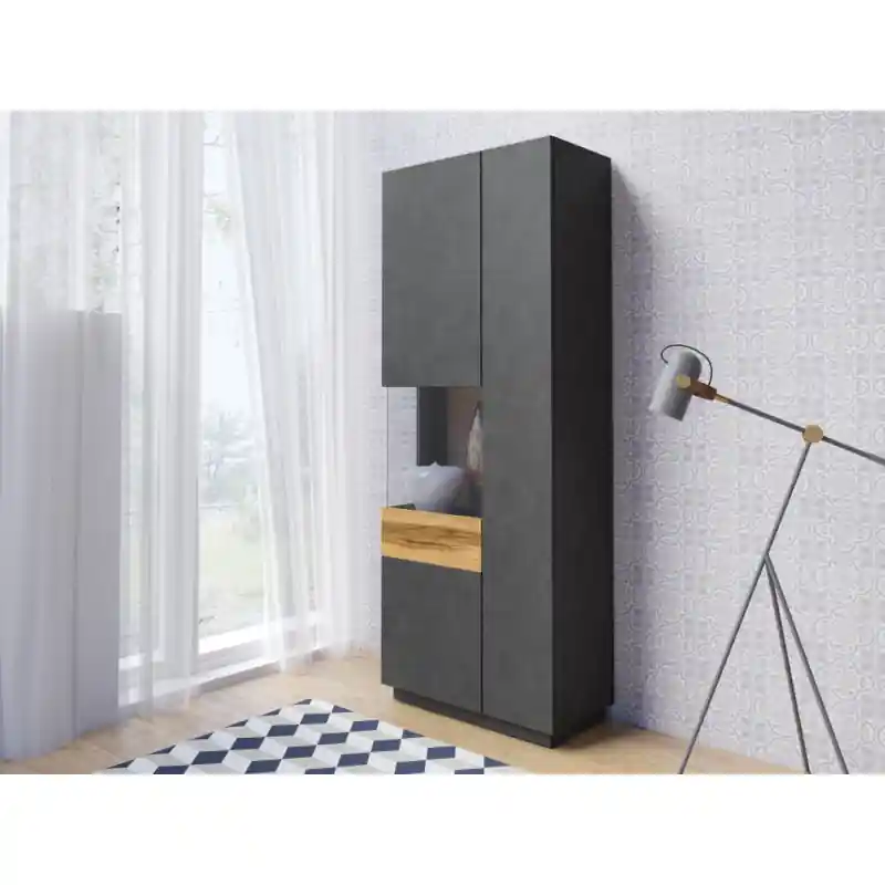 Elegantní vitrína SHADI levá, šedá/dub Wotan Must-Have
