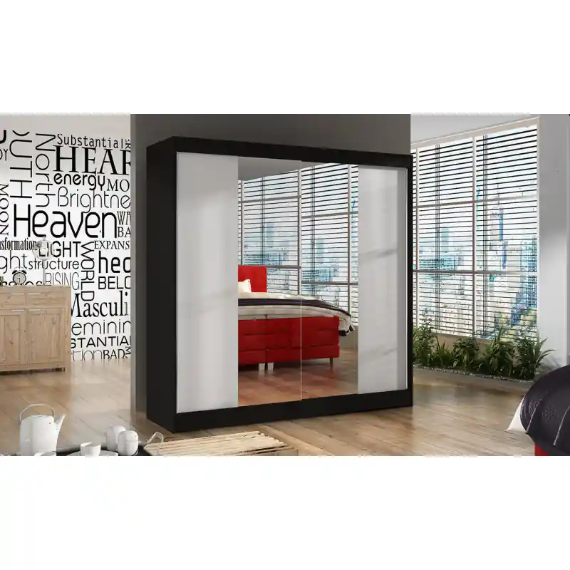 Must-Have Prostorná šatní skříň 200 BULAN II, černá, dveře bílé se zrcadlem