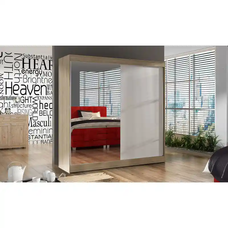 Kup Teď Jednoduchá šatní skříň 200 BULAN I, dub Sonoma s bílými dveřmi a zrcadlem