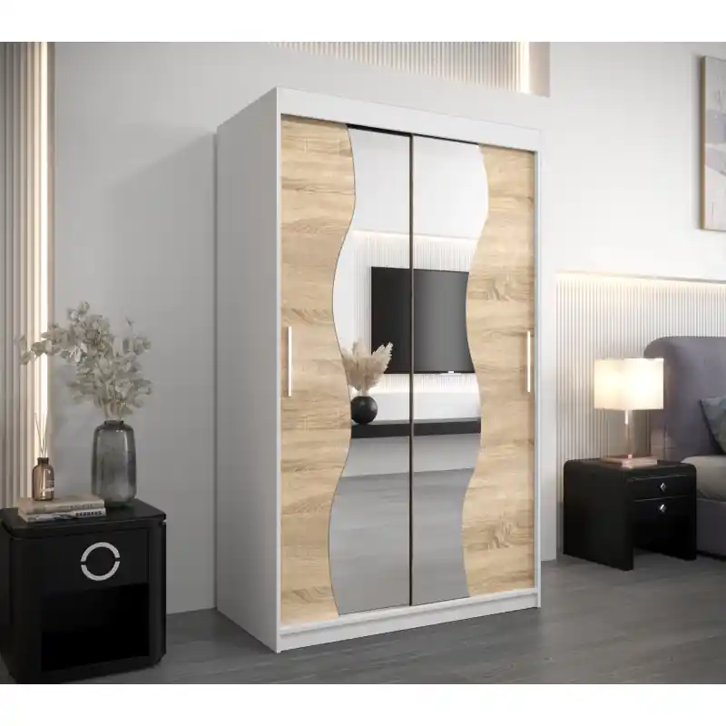 Šatní skříň se zrcadly JUDITA - šířka 120 cm, bílá / dub sonoma Výprodej