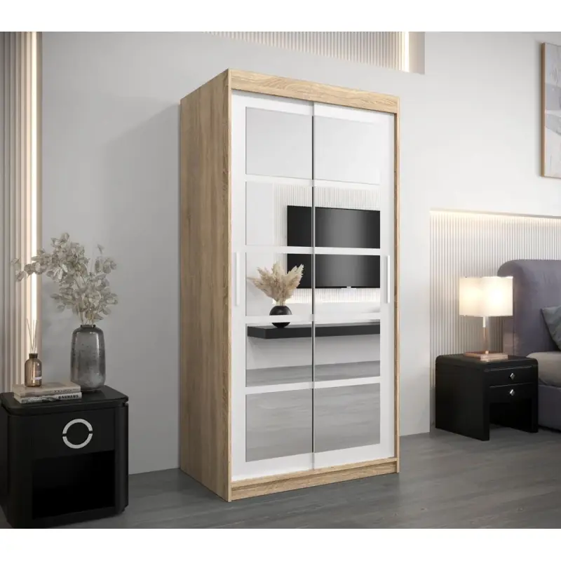 Pouze Dnes Šatní skříň se zrcadly ALENA - šířka 100 cm, dub sonoma / bílá