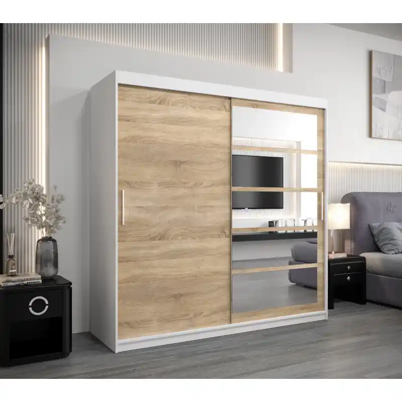 Šatní skříň DENISA - šířka 200 cm, bílá / dub sonoma Must-Have