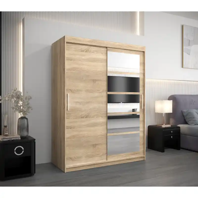 Zlevněný Šatní skříň se zrcadly KLEOPATRA - šířka 150 cm, dub sonoma