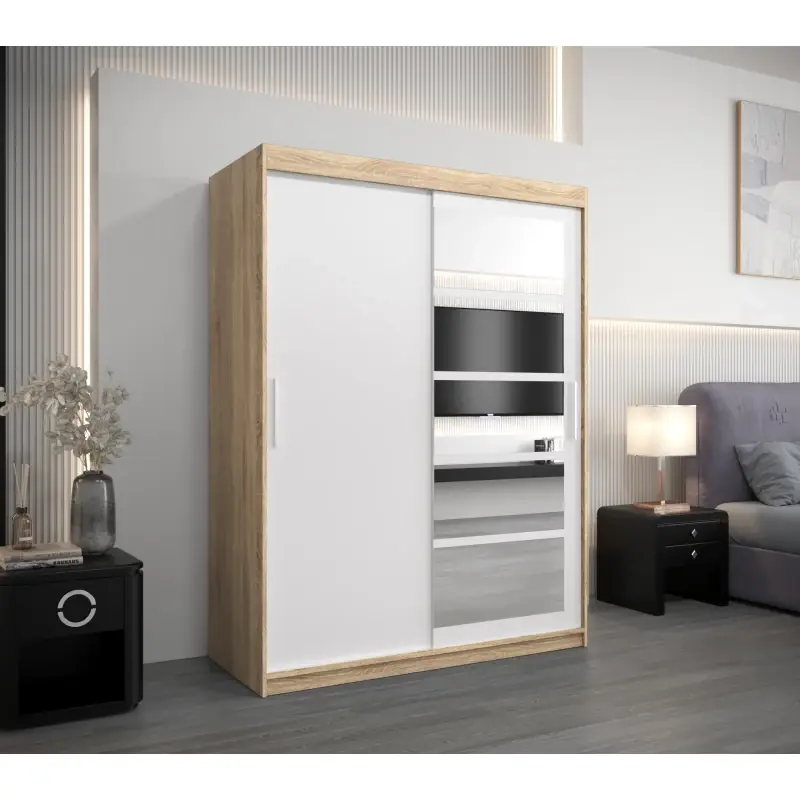 Šatní skříň se zrcadly KLEOPATRA - šířka 150 cm, dub sonoma / bílá Poslední Šance