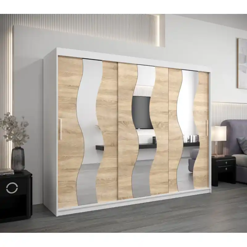 Originální Skříň s posuvnými dveřmi HEDVIKA - šířka 250 cm, bílá / dub sonoma