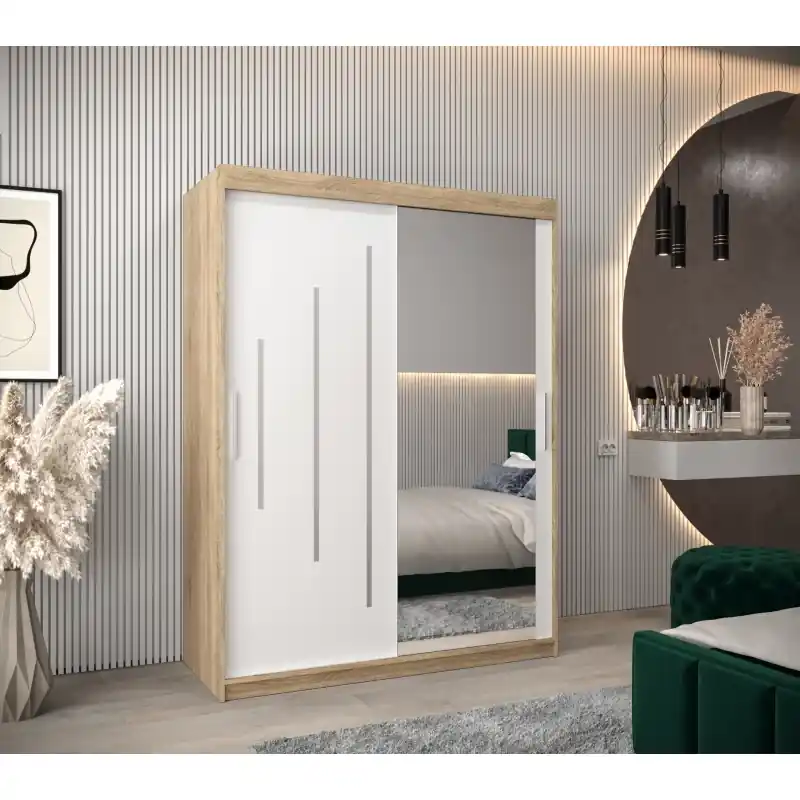 Šatní skříň se zrcadlem ROZALIE - šířka 150 cm, dub sonoma / bílá Víkendová Akce