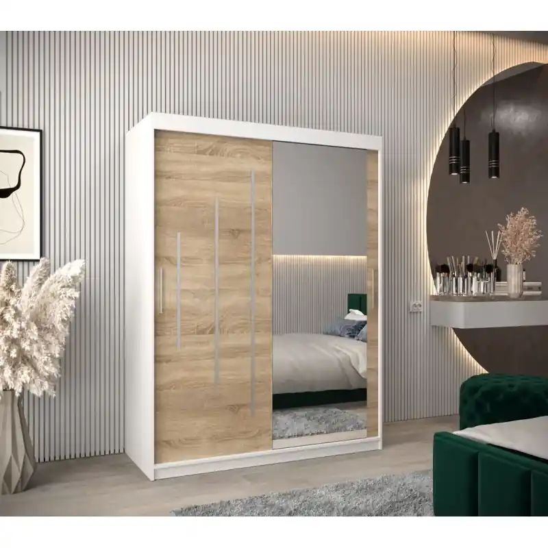 Šatní skříň se zrcadlem ROZALIE - šířka 150 cm, bílá / dub sonoma Nová Kolekce