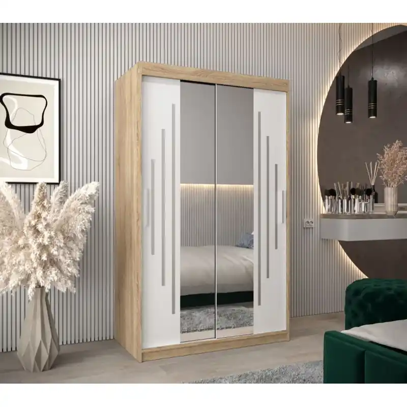 Víkendová Akce Šatní skříň se zrcadlem KIRA - šířka 120 cm, dub sonoma / bílá