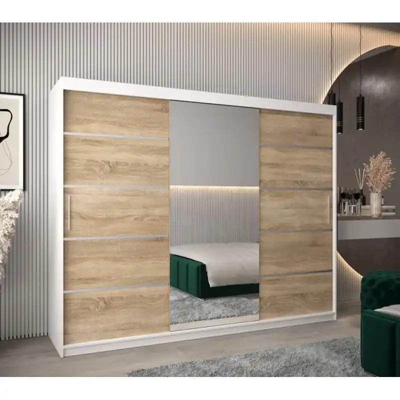 Bezpečná Platba Šatní zrcadlová skříň ADELA - 250 cm, bílá / dub sonoma