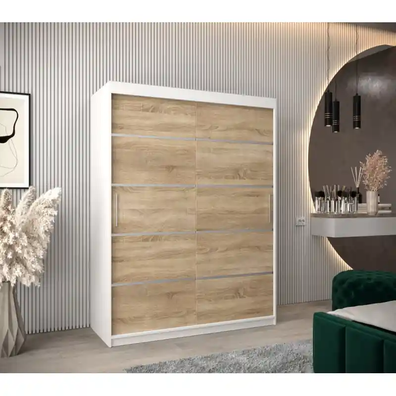 Tovární Cena Šatní skříň ENNI - šířka 150 cm, bílá / dub sonoma