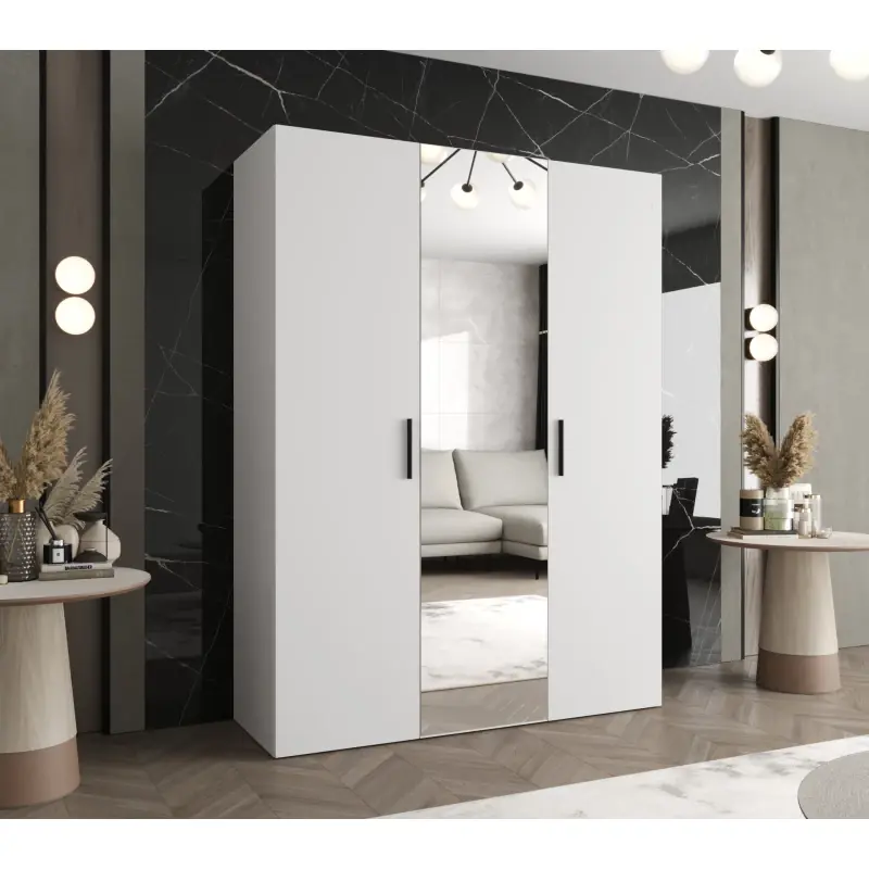 Zlevněný Šatní skříň se zrcadlem HELMA 2 150 cm - bílá / černé úchyty