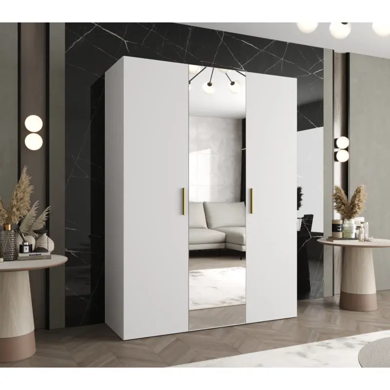Šatní skříň se zrcadlem HELMA 2 150 cm - bílá / zlaté úchyty Výprodej