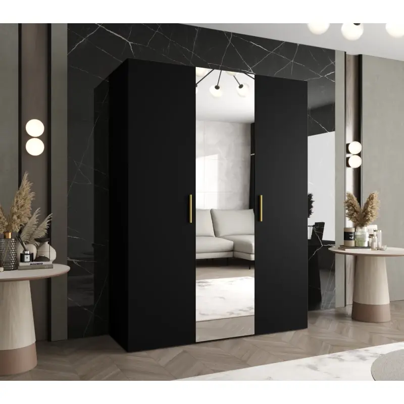 Šatní skříň se zrcadlem HELMA 2 150 cm - černá / zlaté úchyty Finální Výprodej