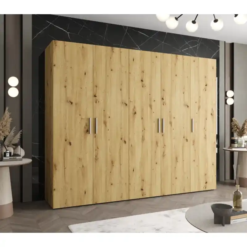 Prostorná šatní skříň HELMA 1 250 cm - dub artisan / stříbrné úchyty Nízká Cena