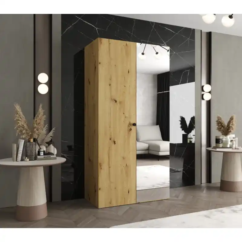 Zrcadlová šatní skříň CAITIR 2 100 cm - dub artisan / černý úchyt Top Prodej