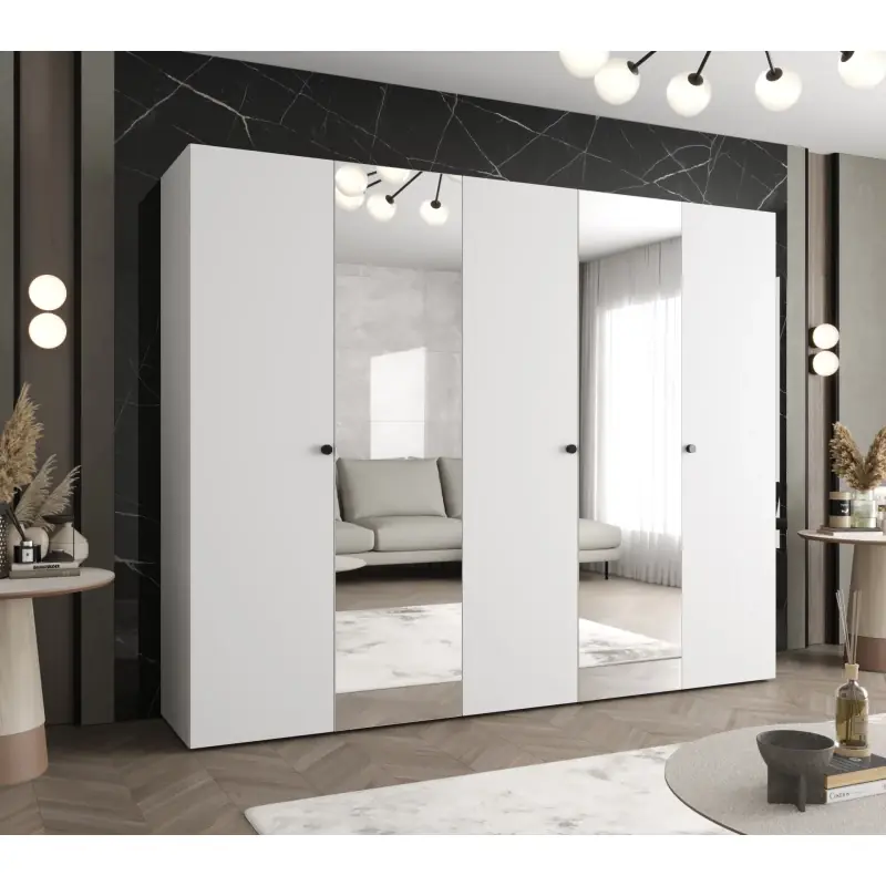 Zrcadlová šatní skříň CAITIR 2 250 cm - bílá / černé úchyty Aktuální